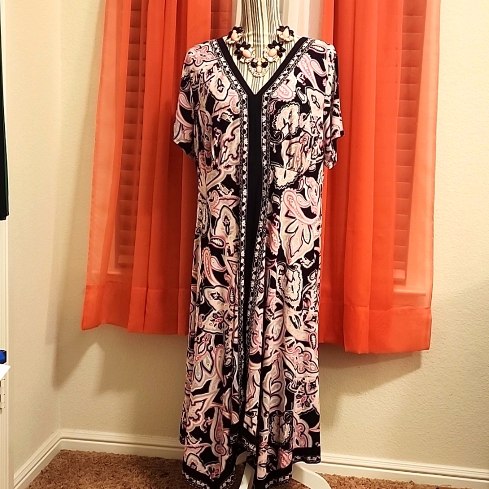 INC Pink and Black handkerchief hem dress. Silver studded.